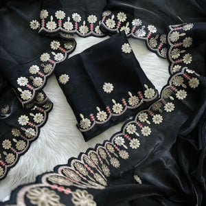 Black Jimmy Choo Saree with Beautiful Jaipuri Gota Work – Complete with Matching Running Blouse