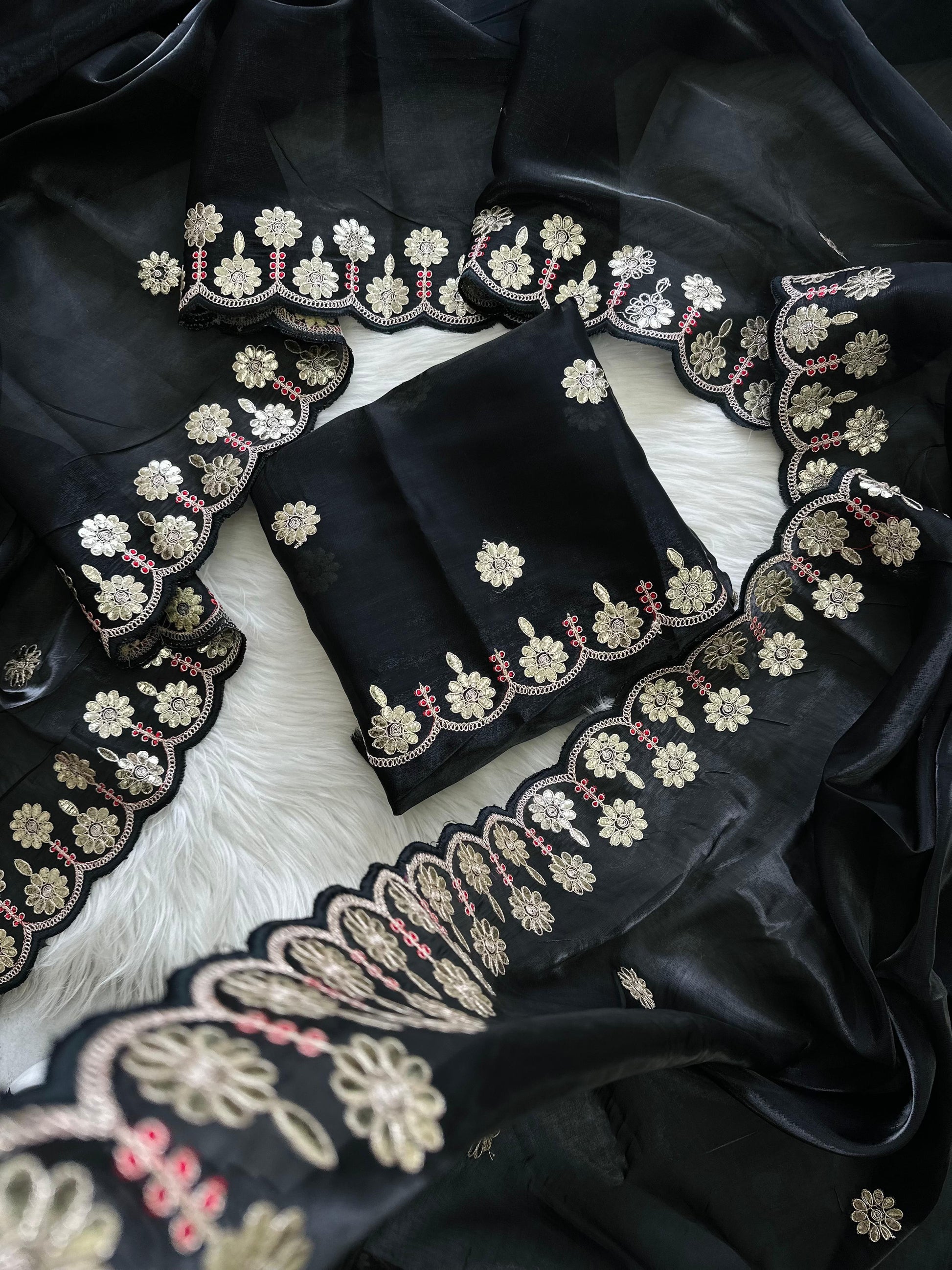 Black Jimmy Choo Saree with Beautiful Jaipuri Gota Work – Complete with Matching Running Blouse