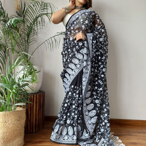 Black Viscose Organza Saree with Exquisite Chickenkari Embroidery – Paired with Elegant White Silk Blouse and Latkan