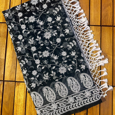 Black Viscose Organza Saree with Exquisite Chickenkari Embroidery – Paired with Elegant White Silk Blouse and Latkan