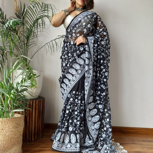 Black Viscose Organza Saree with Exquisite Chickenkari Embroidery – Paired with Elegant White Silk Blouse and Latkan