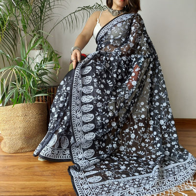 Black Viscose Organza Saree with Exquisite Chickenkari Embroidery – Paired with Elegant White Silk Blouse and Latkan
