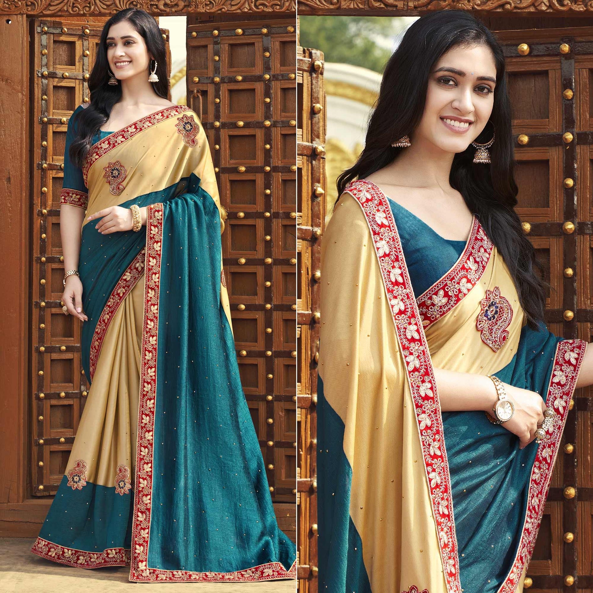 Blue-Beige Embroidered With Embellished Fancy Fabric Half & Half Saree