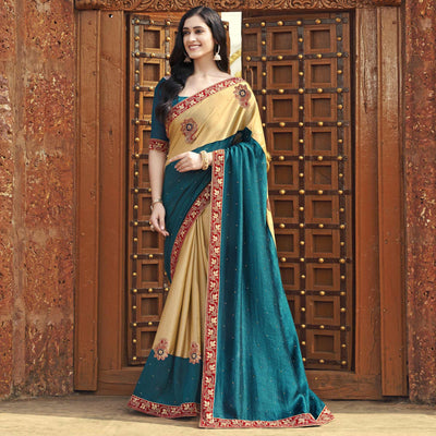 Blue-Beige Embroidered With Embellished Fancy Fabric Half & Half Saree