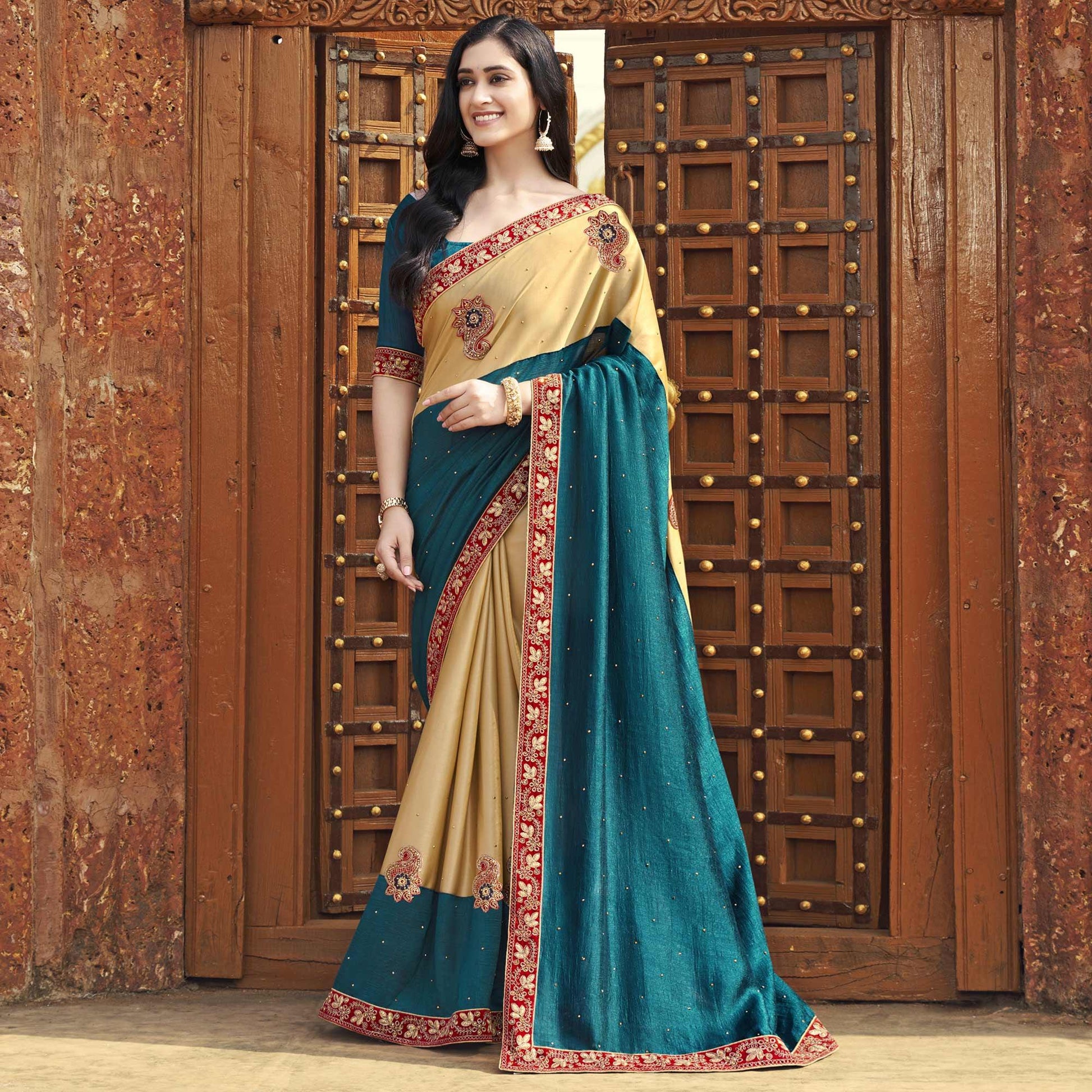 Blue-Beige Embroidered With Embellished Fancy Fabric Half & Half Saree
