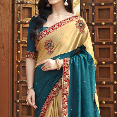Blue-Beige Embroidered With Embellished Fancy Fabric Half & Half Saree