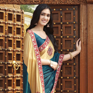 Blue-Beige Embroidered With Embellished Fancy Fabric Half & Half Saree