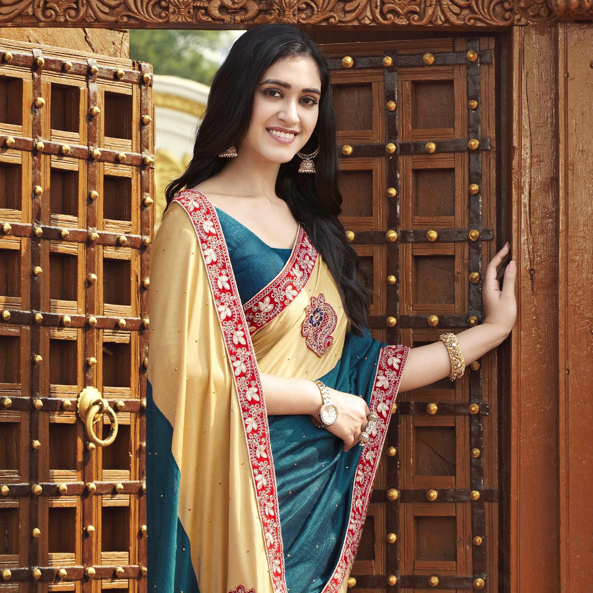 Blue-Beige Embroidered With Embellished Fancy Fabric Half & Half Saree