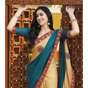 Blue-Beige Embroidered With Embellished Fancy Fabric Half & Half Saree