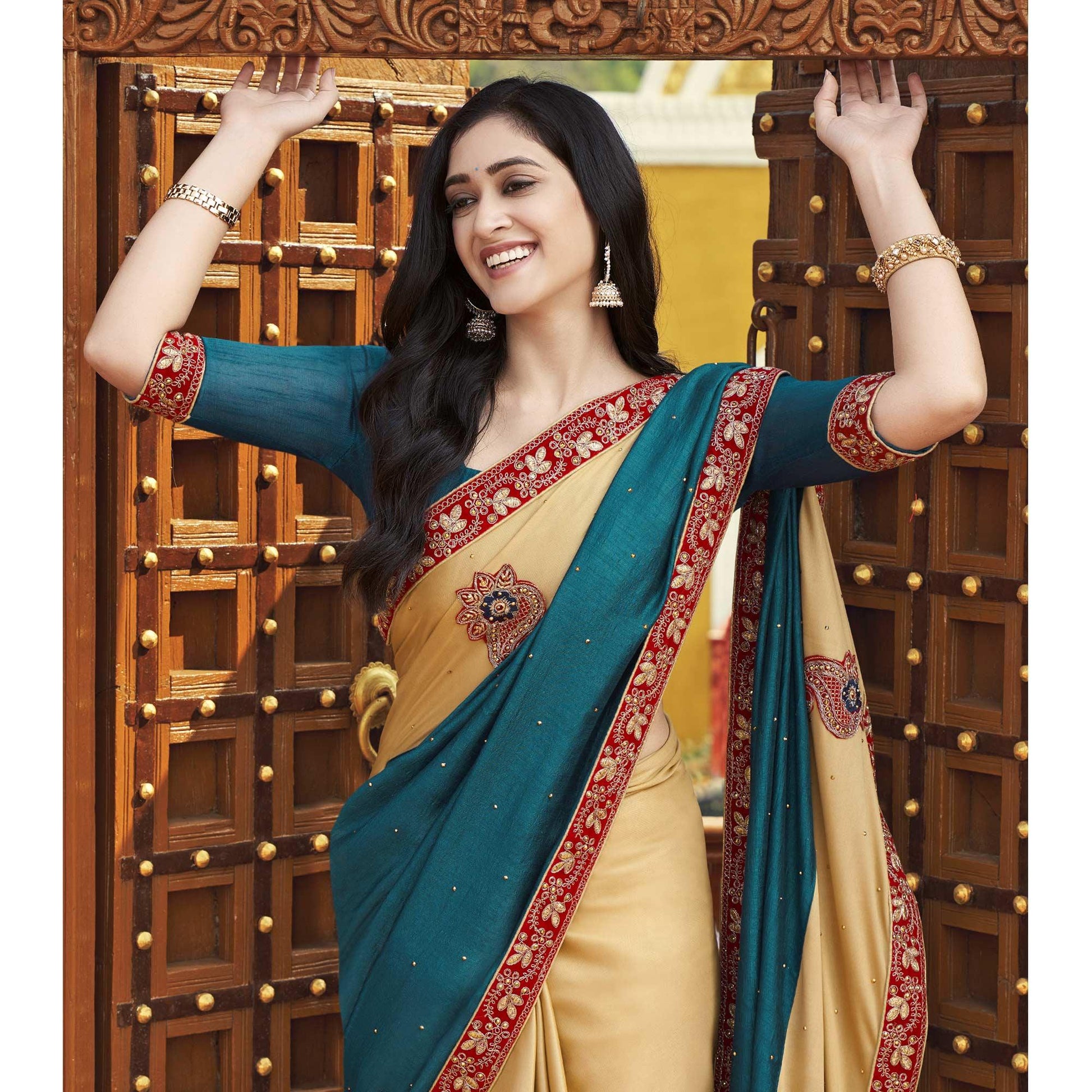 Blue-Beige Embroidered With Embellished Fancy Fabric Half & Half Saree
