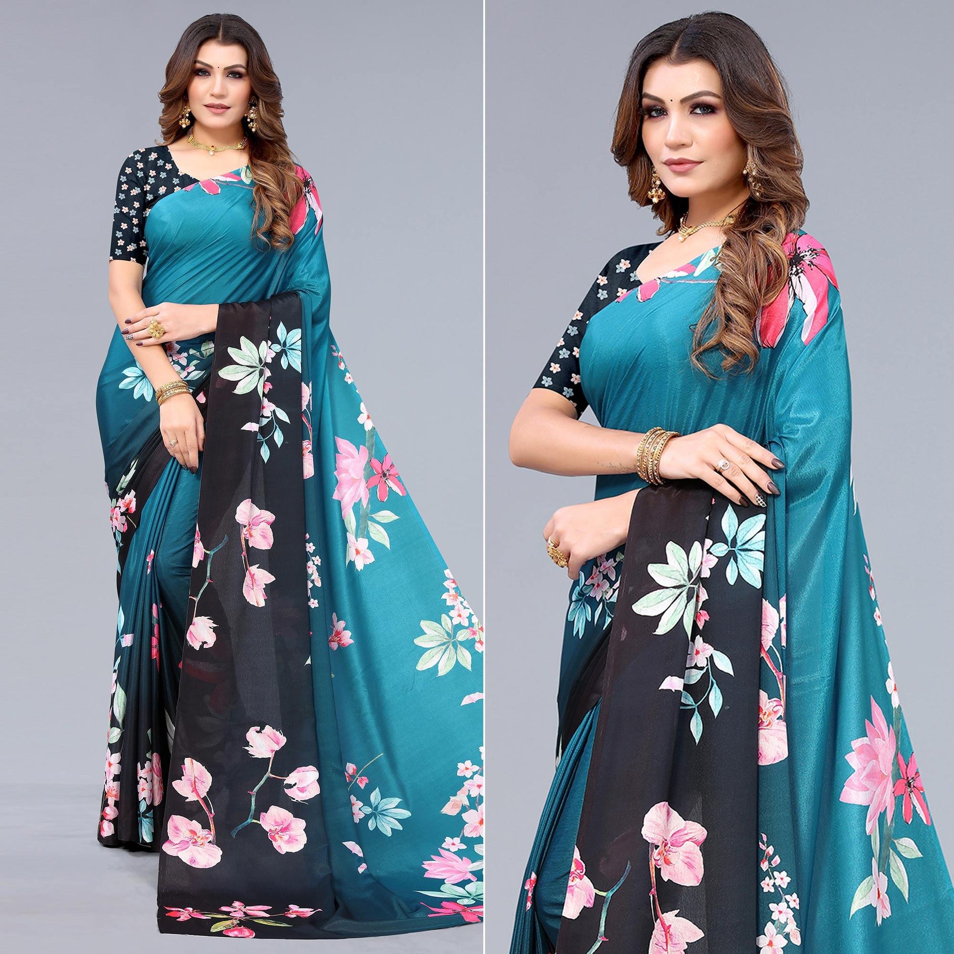 Blue-Black Floral Printed Chiffon Saree
