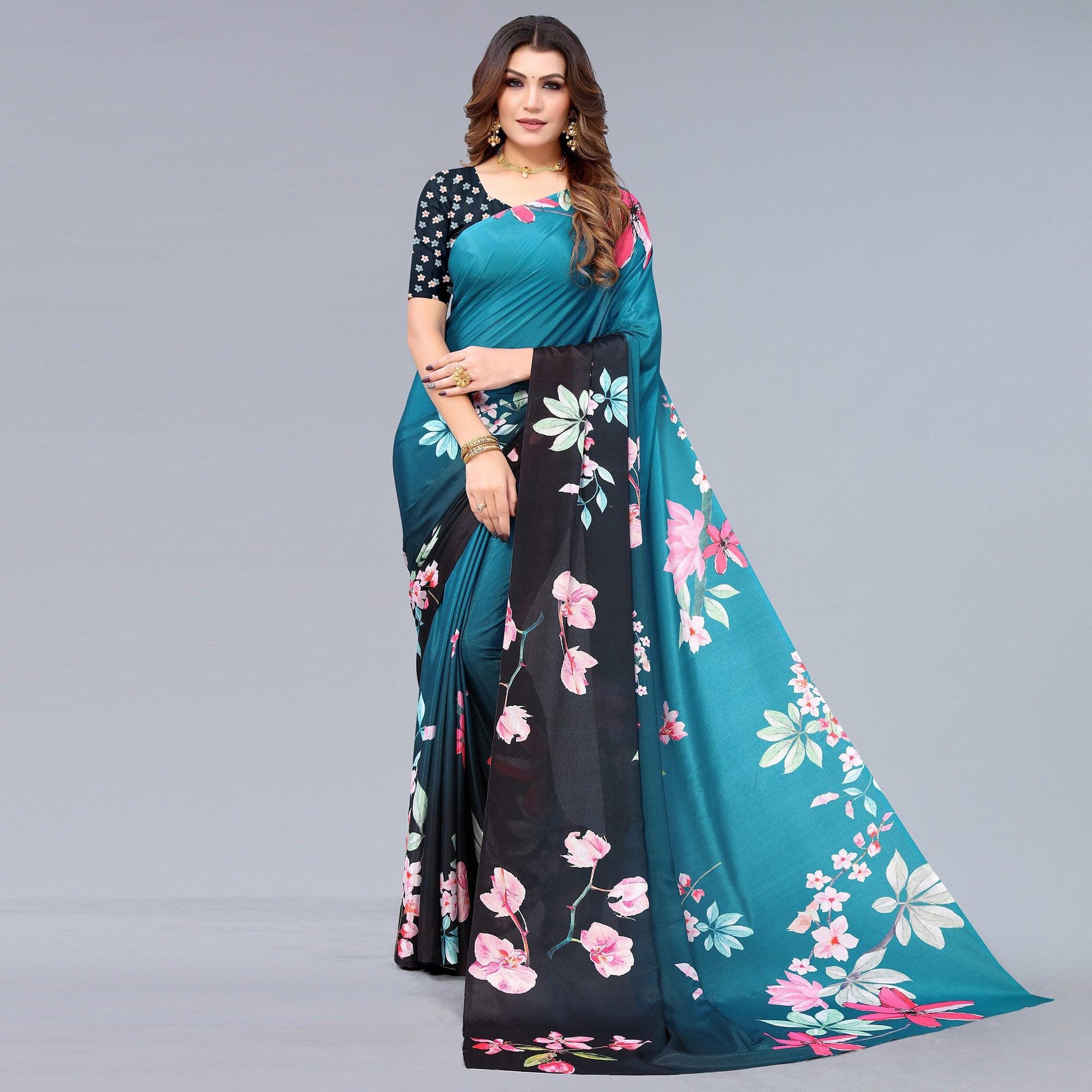 Blue-Black Floral Printed Chiffon Saree