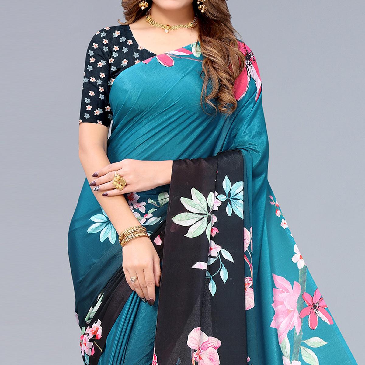 Blue-Black Floral Printed Chiffon Saree