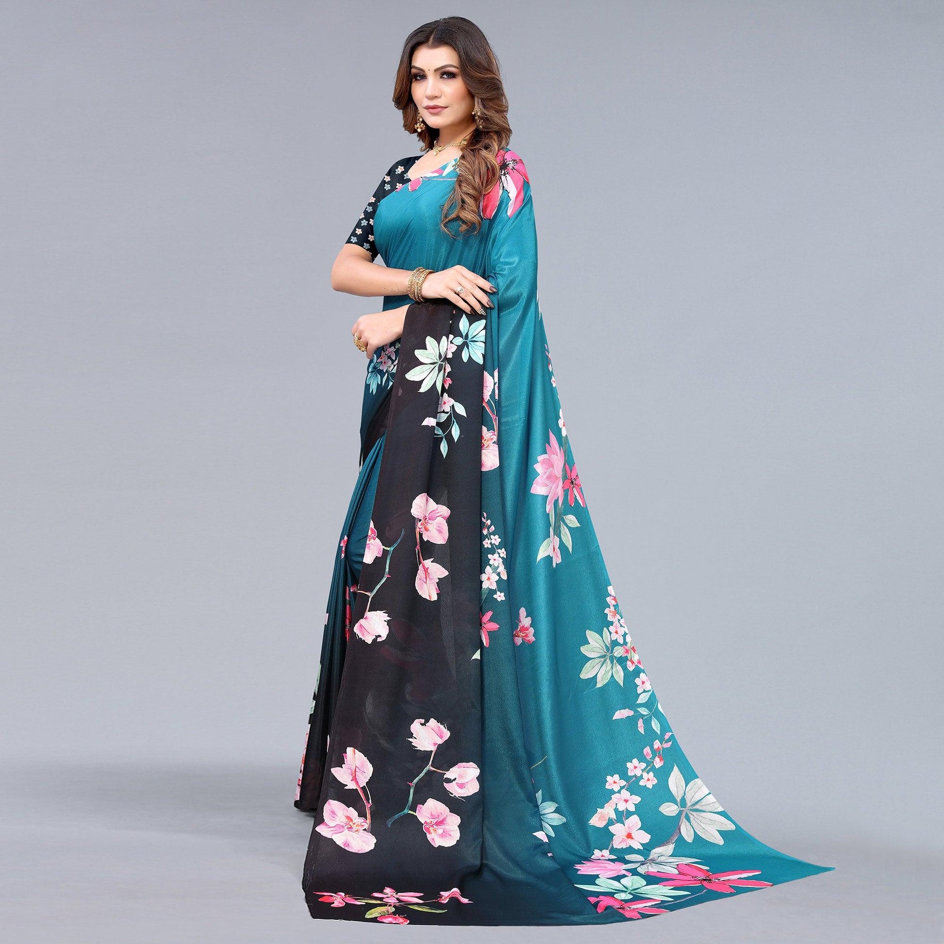 Blue-Black Floral Printed Chiffon Saree