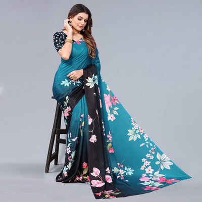 Blue-Black Floral Printed Chiffon Saree