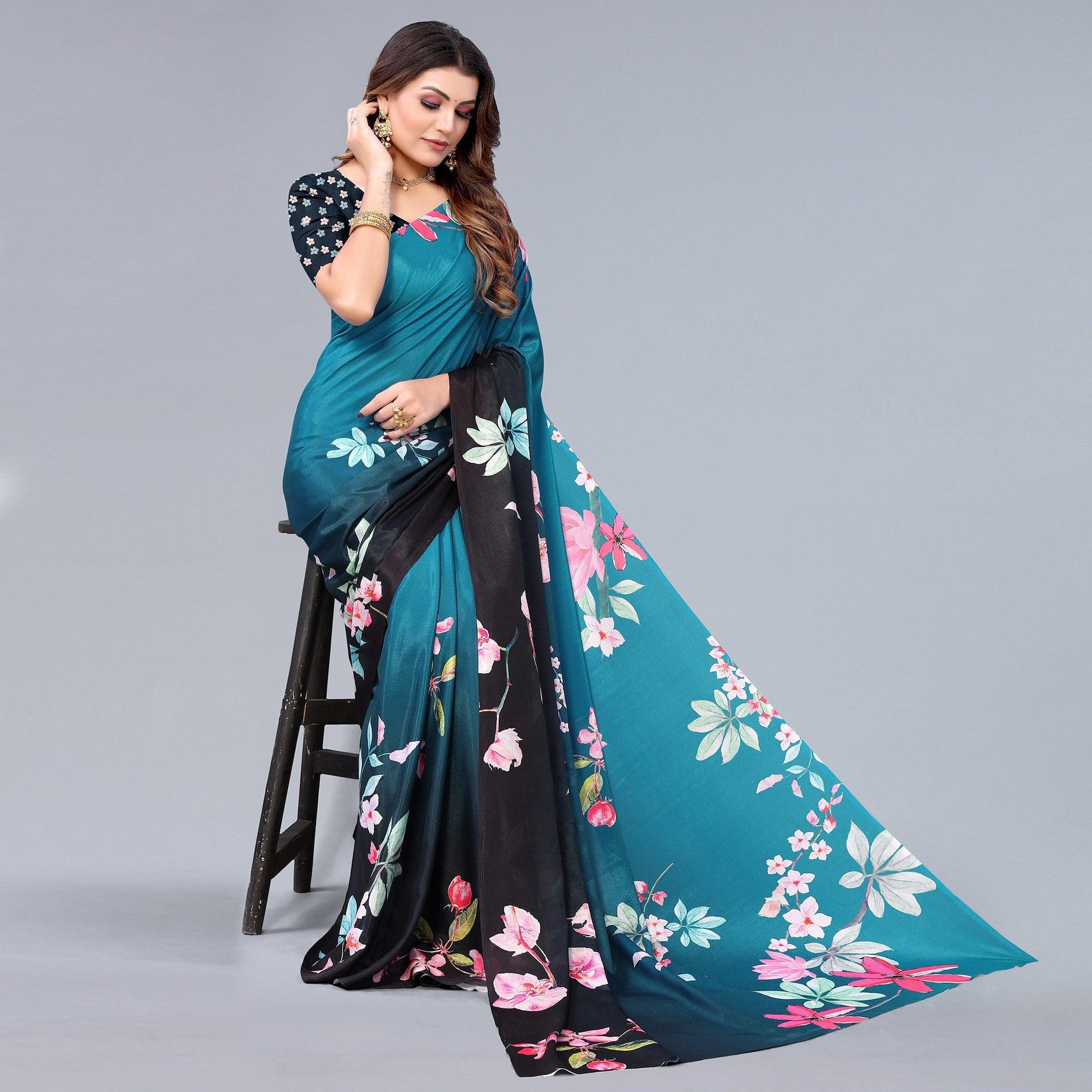 Blue-Black Floral Printed Chiffon Saree