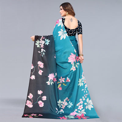 Blue-Black Floral Printed Chiffon Saree