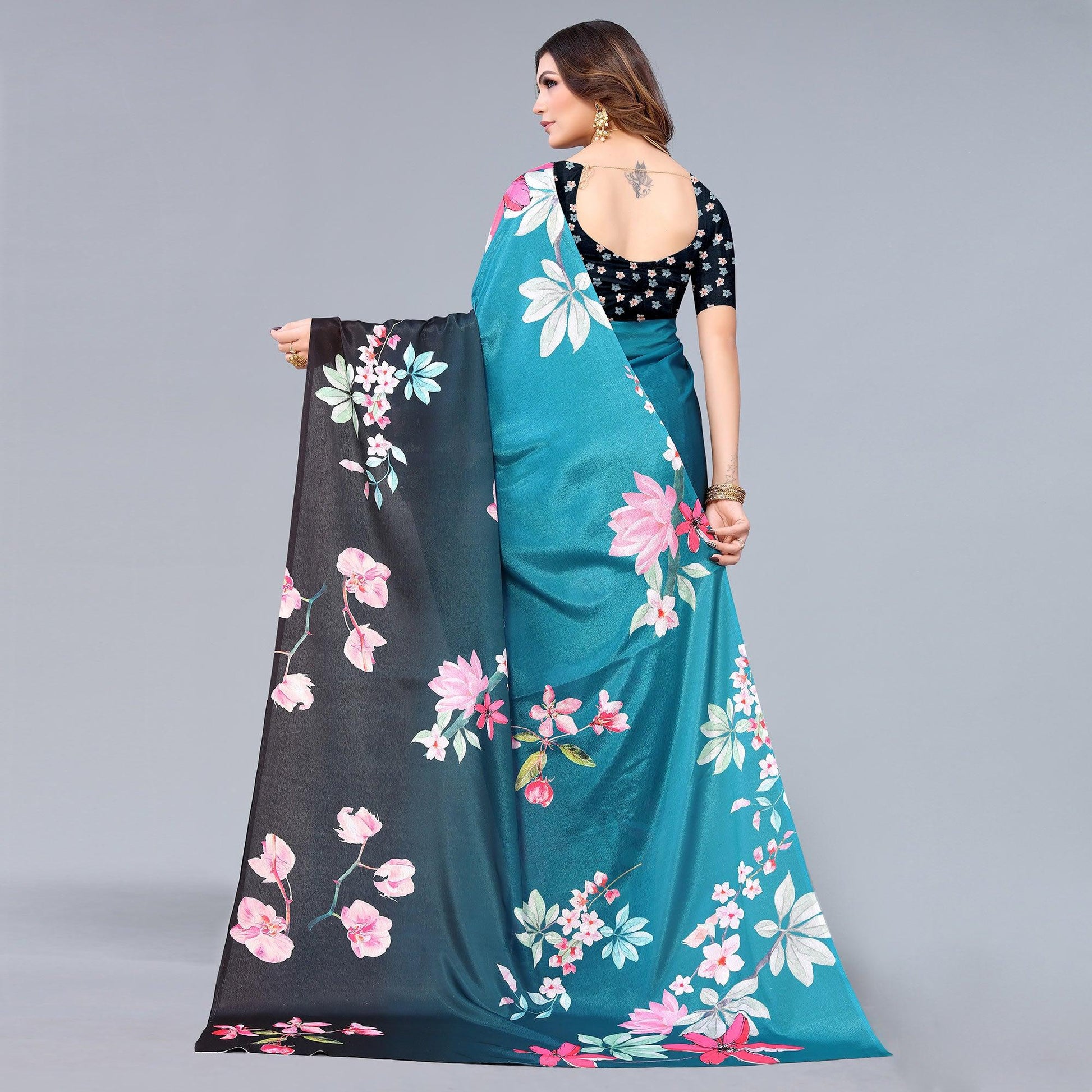 Blue-Black Floral Printed Chiffon Saree