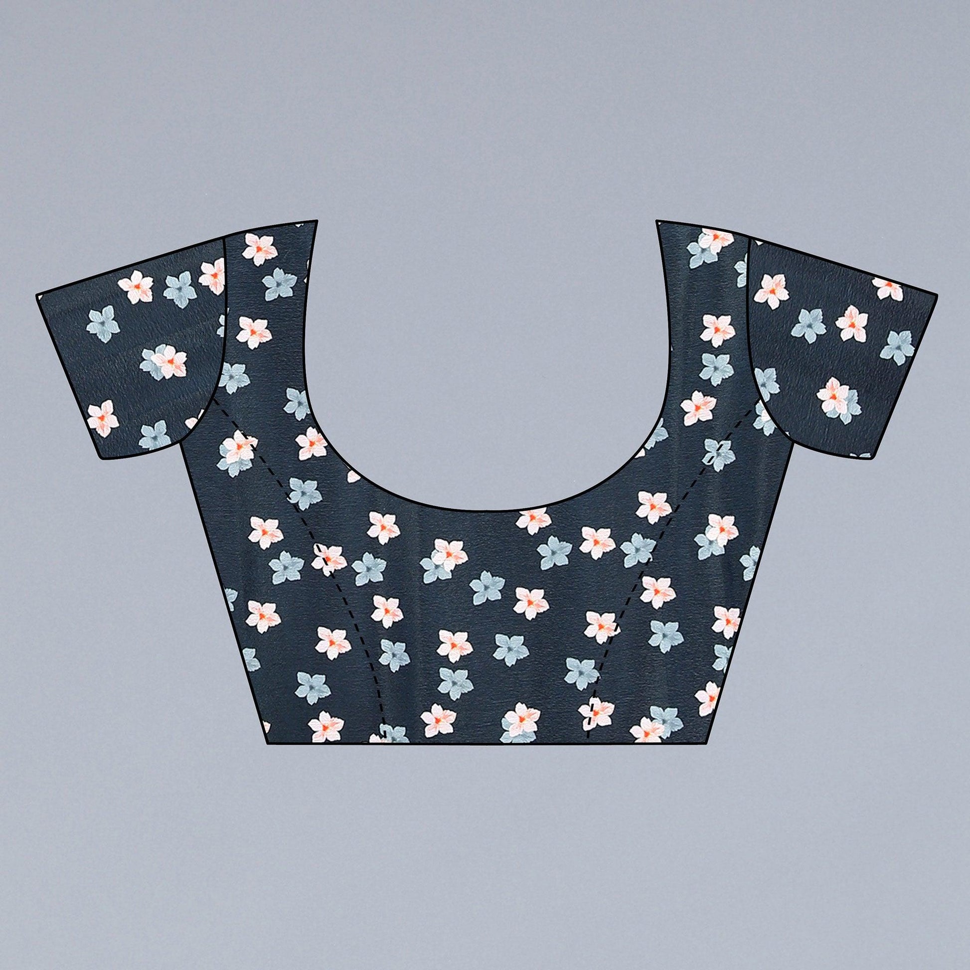 Blue-Black Floral Printed Chiffon Saree