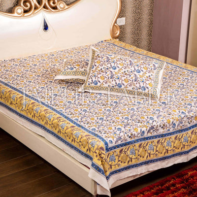 Blue Border with White Base Floral Hand Block Print Double Bed Sheet with Two Pillow Covers