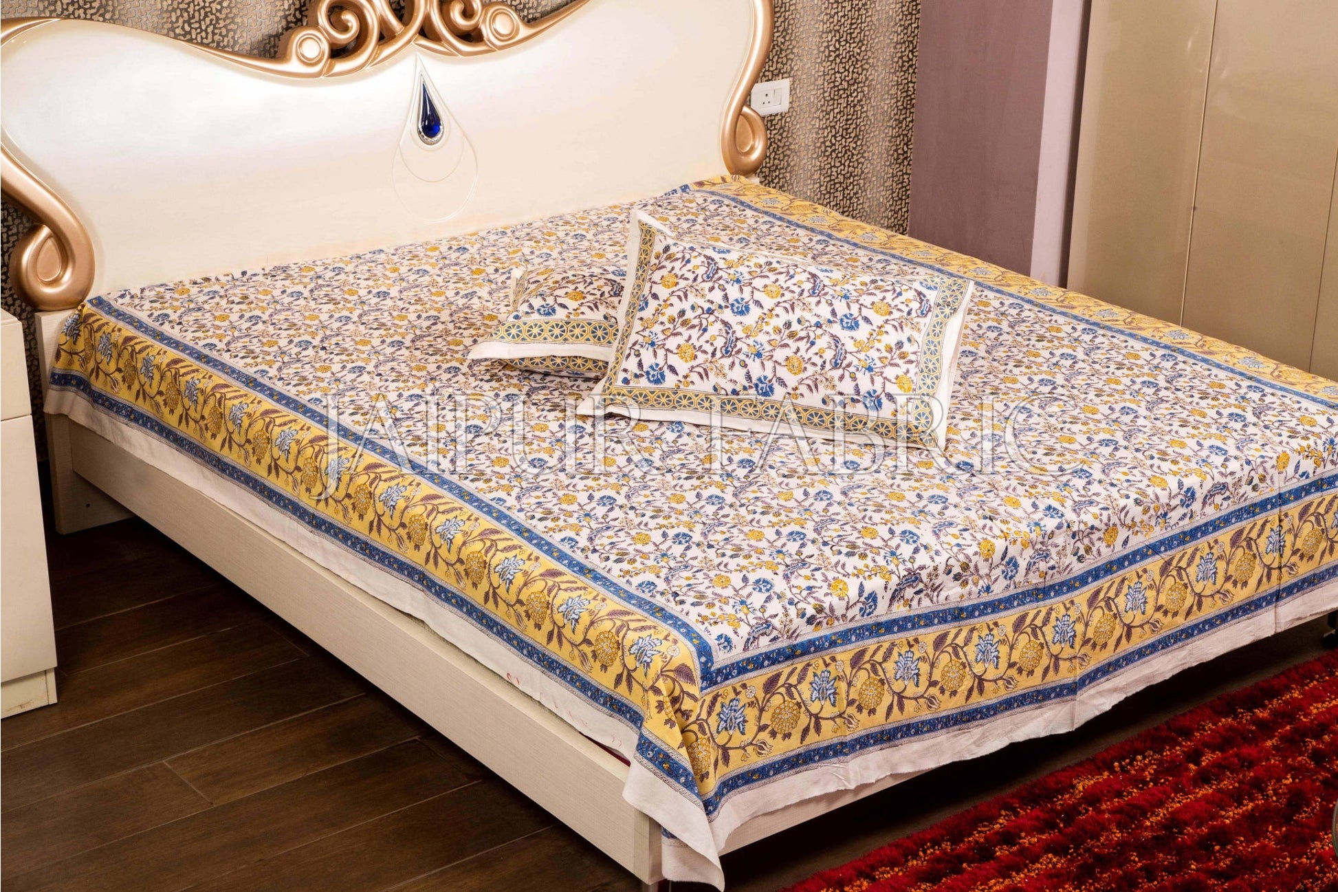 Blue Border with White Base Floral Hand Block Print Double Bed Sheet with Two Pillow Covers