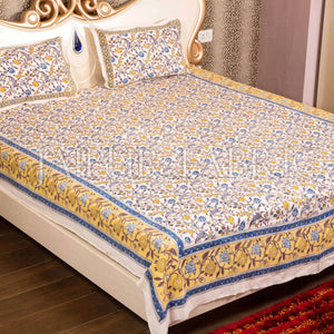 Blue Border with White Base Floral Hand Block Print Double Bed Sheet with Two Pillow Covers