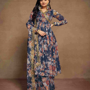 Blue Chiffon Printed Zari Work Sequence Suit with Palazzo and Dupatta