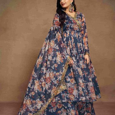 Blue Chiffon Printed Zari Work Sequence Suit with Palazzo and Dupatta