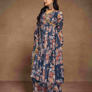 Blue Chiffon Printed Zari Work Sequence Suit with Palazzo and Dupatta