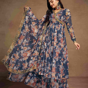 Blue Chiffon Printed Zari Work Sequence Suit with Palazzo and Dupatta