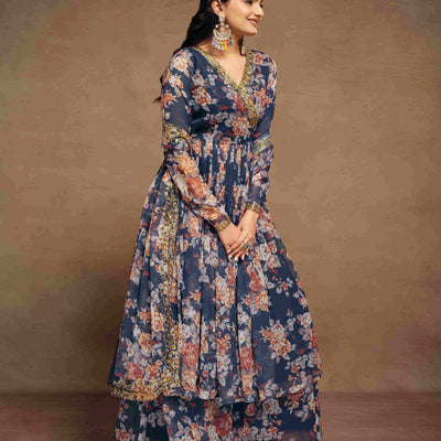 Blue Chiffon Printed Zari Work Sequence Suit with Palazzo and Dupatta