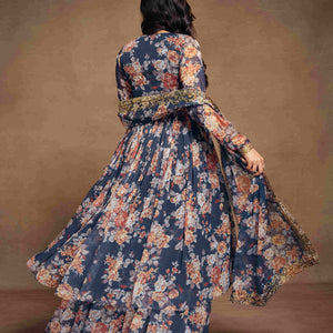 Blue Chiffon Printed Zari Work Sequence Suit with Palazzo and Dupatta