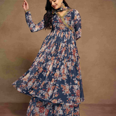 Blue Chiffon Printed Zari Work Sequence Suit with Palazzo and Dupatta