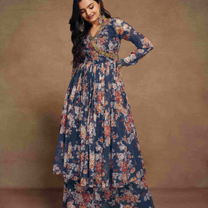 Blue Chiffon Printed Zari Work Sequence Suit with Palazzo and Dupatta