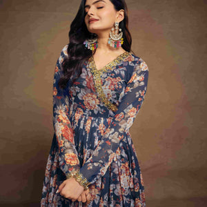 Blue Chiffon Printed Zari Work Sequence Suit with Palazzo and Dupatta