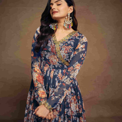 Blue Chiffon Printed Zari Work Sequence Suit with Palazzo and Dupatta