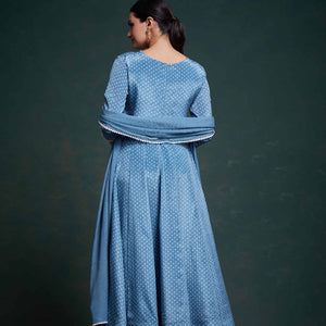 Blue Chinon Silk Dress with Printed Work – Ready to Wear
