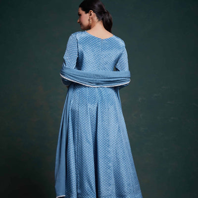 Blue Chinon Silk Dress with Printed Work – Ready to Wear