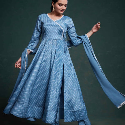 Blue Chinon Silk Dress with Printed Work – Ready to Wear