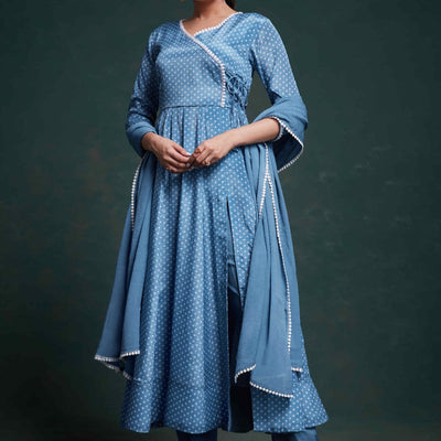 Blue Chinon Silk Dress with Printed Work – Ready to Wear