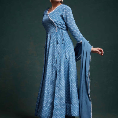 Blue Chinon Silk Dress with Printed Work – Ready to Wear