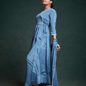 Blue Chinon Silk Dress with Printed Work – Ready to Wear