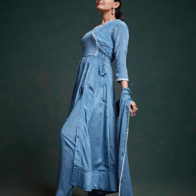 Blue Chinon Silk Dress with Printed Work – Ready to Wear