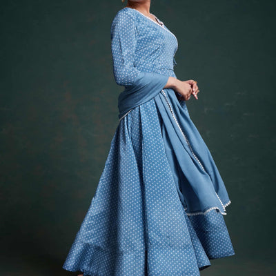 Blue Chinon Silk Dress with Printed Work – Ready to Wear