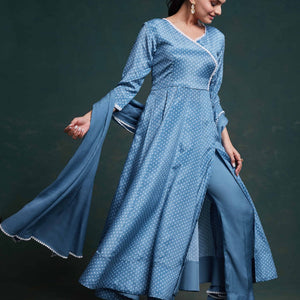 Blue Chinon Silk Dress with Printed Work – Ready to Wear