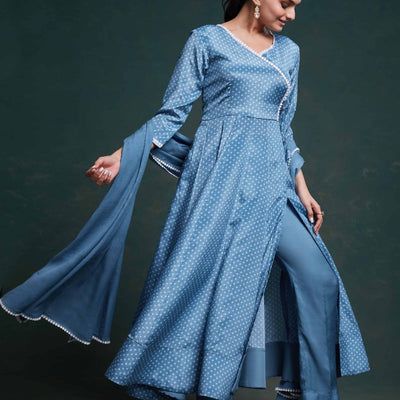 Blue Chinon Silk Dress with Printed Work – Ready to Wear