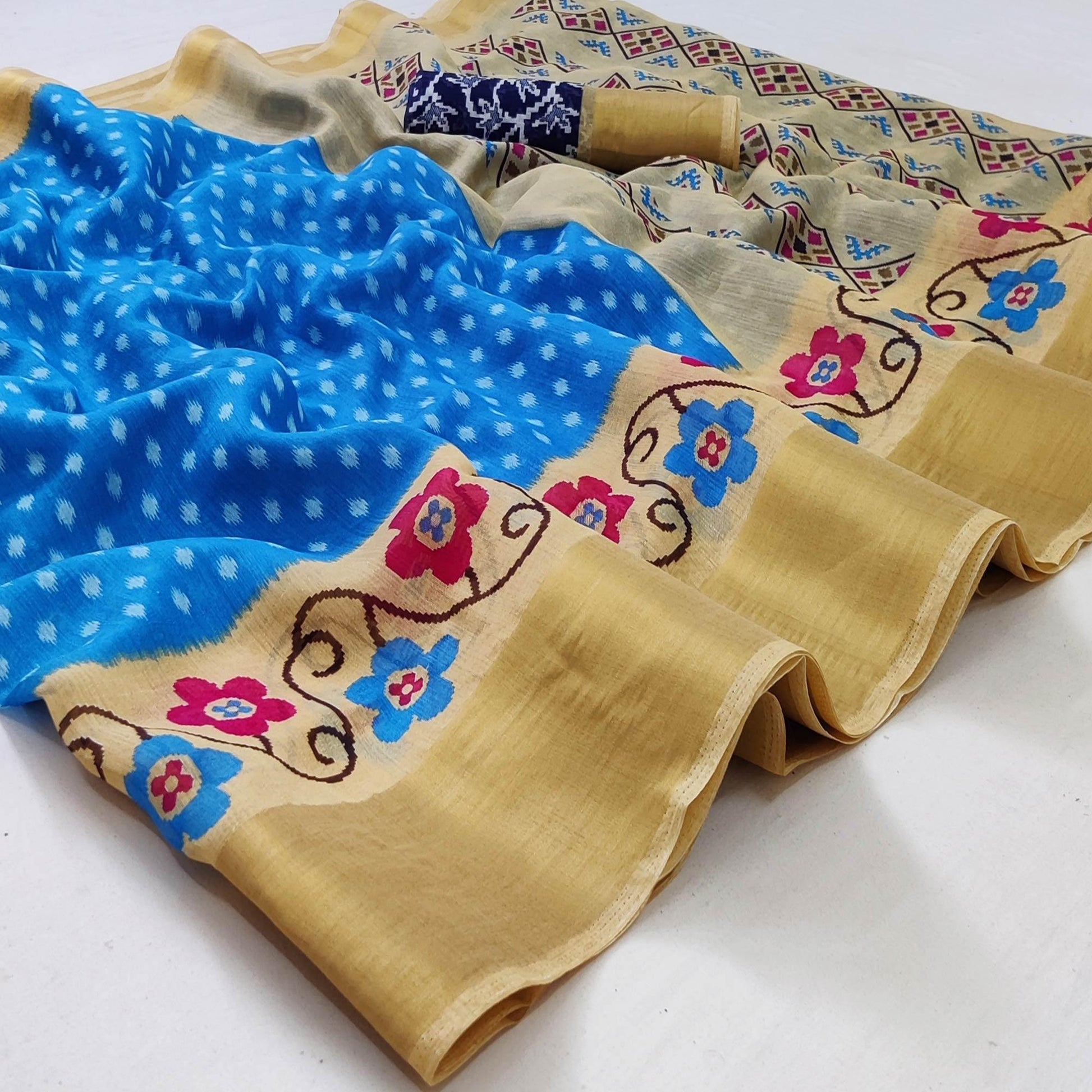 Blue-Cream Casual Wear Printed Cotton Saree With Jari Border