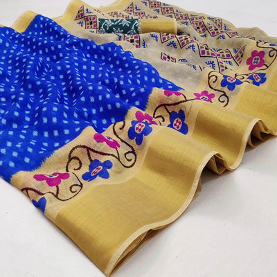 Blue-Cream Casual Wear Printed Cotton Saree With Jari Border