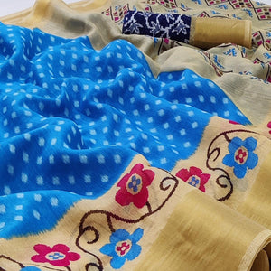 Blue-Cream Casual Wear Printed Cotton Saree With Jari Border
