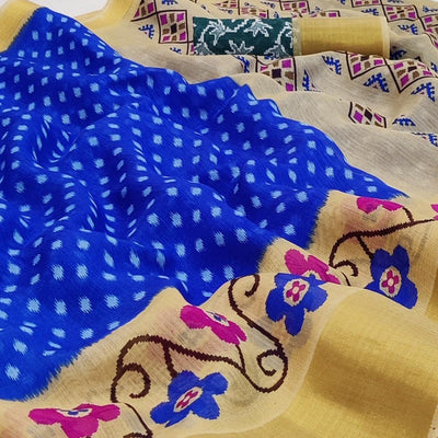 Blue-Cream Casual Wear Printed Cotton Saree With Jari Border